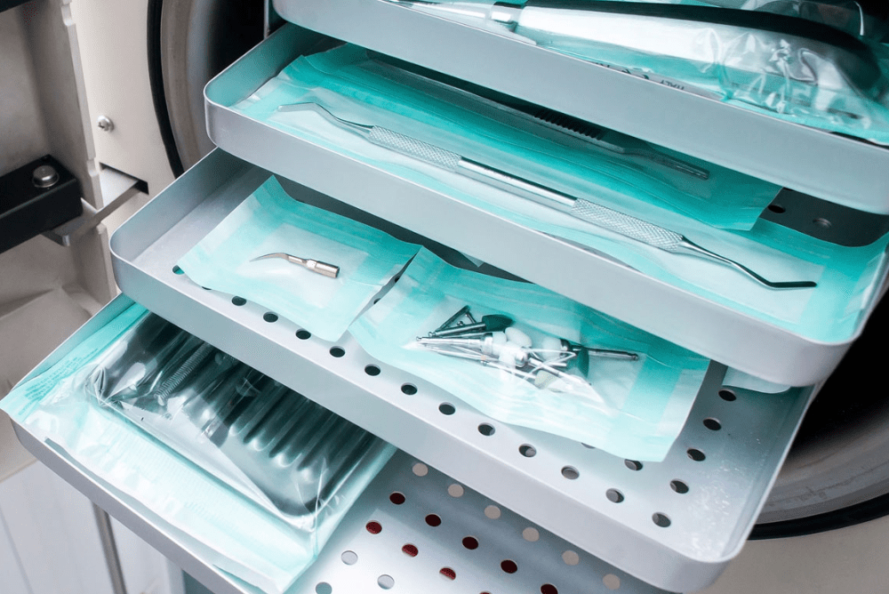 Sterilized dental instruments in an autoclave from Pdent Care, a top medical equipment supplier in Malaysia.